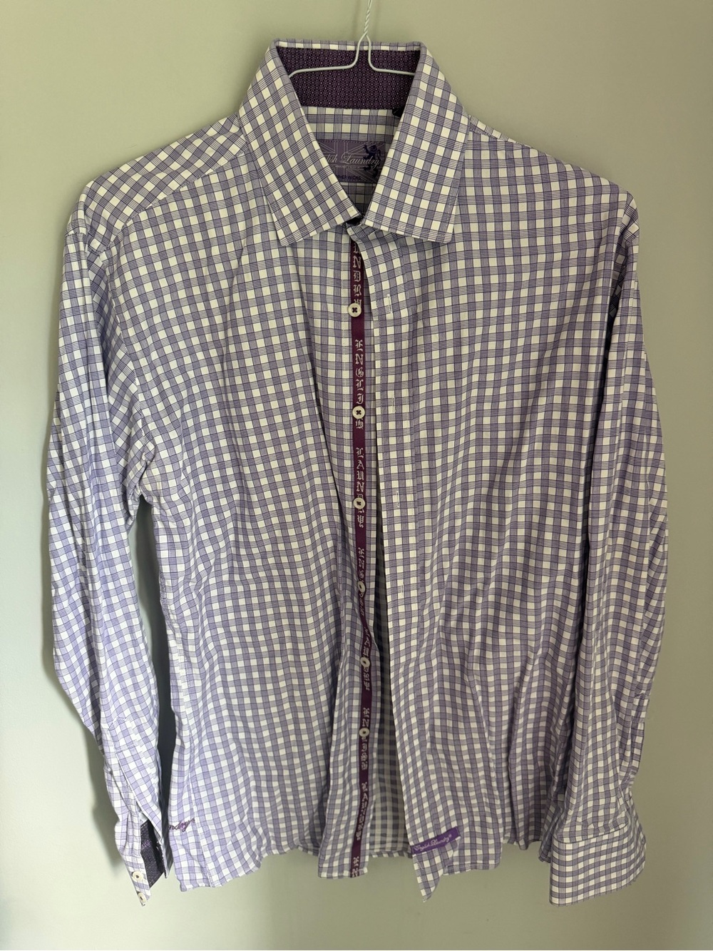 English Laundry Men’s 16 34/35 Purple Check Dress Shirt 100% Cotton Flip Cuff